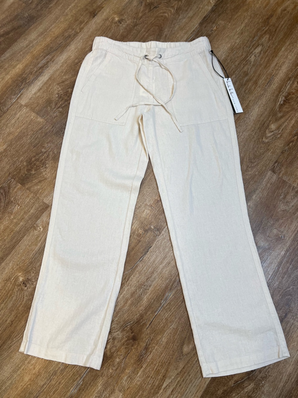New Nicole Miller Cream Linen-Blend  pants Sz Small, Pull on, Draw string